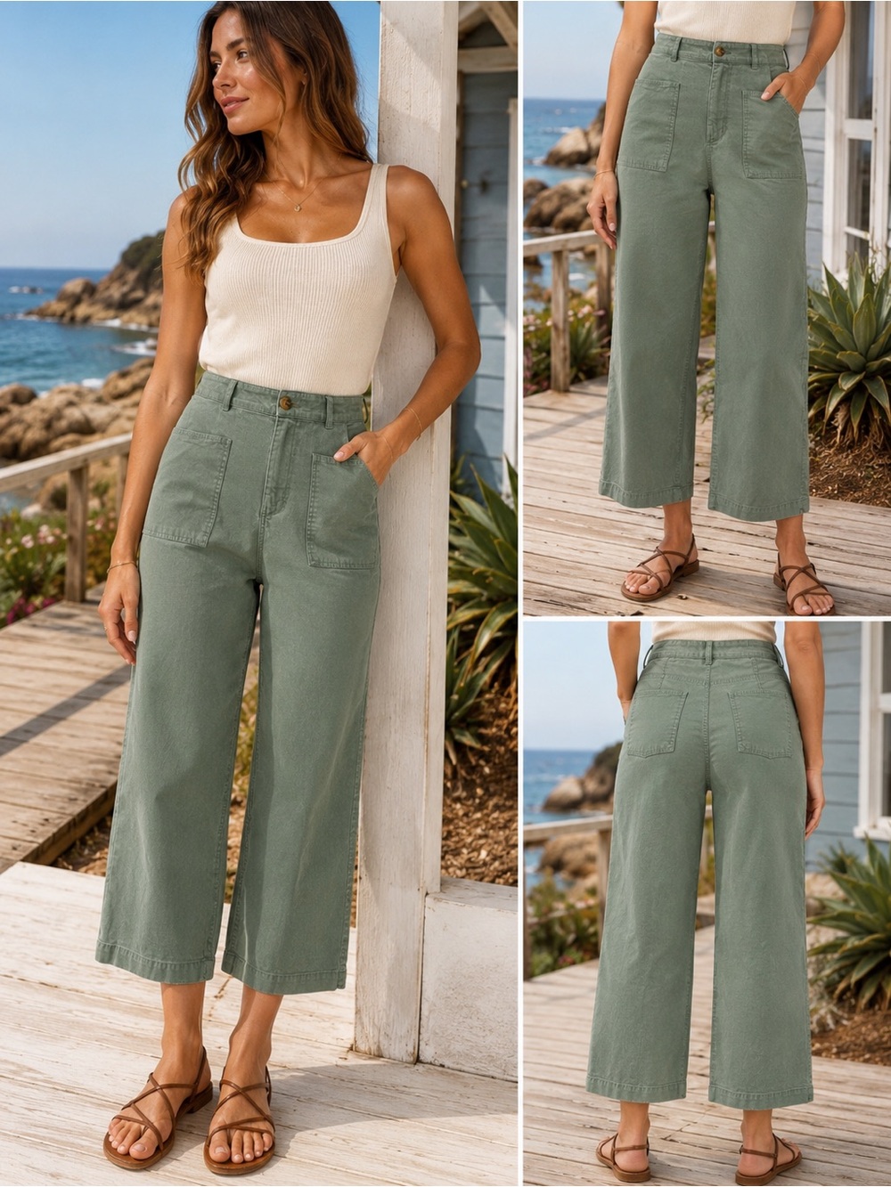 Wonderly Sage Green Wide Leg Cropped Pants Size 10 Stretch Utility Pockets Coast